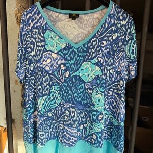 JM Collection Blue and Teal Abstract Blouse